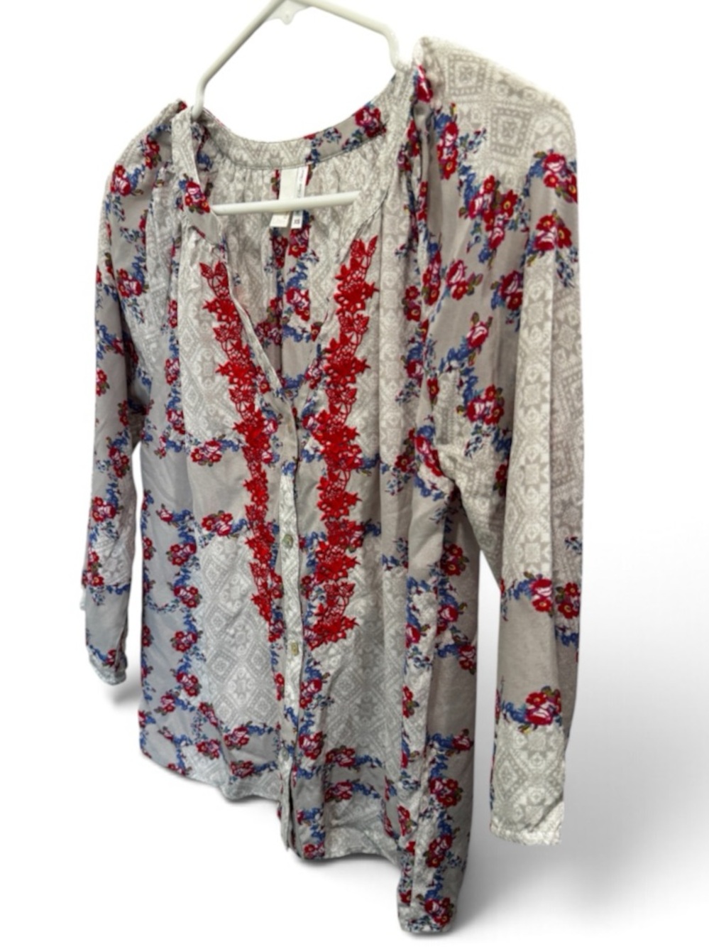 Line & Dot 100% Silk Floral Boho Blouse XS Gray Red Blue